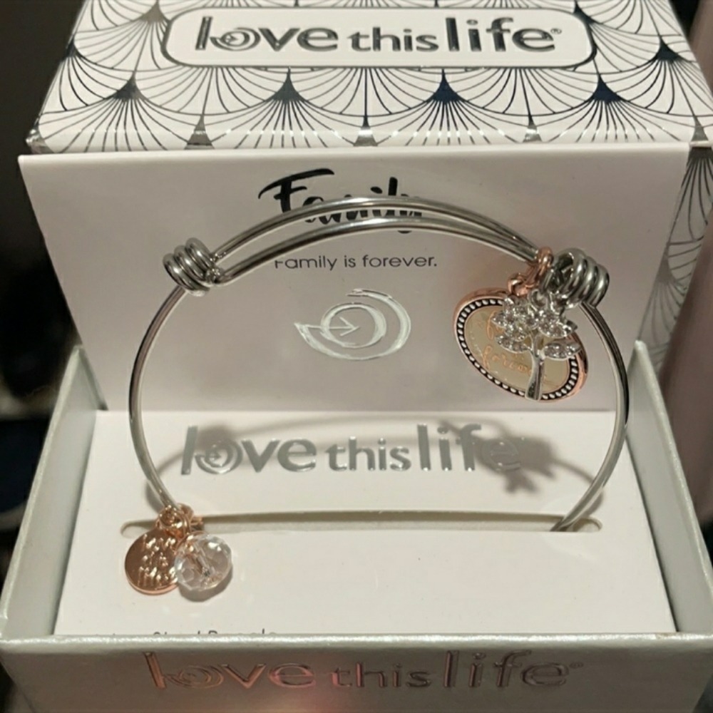 Love This Life Family is Forever Adjustable Bangle Bracelet Silver Rose Gold